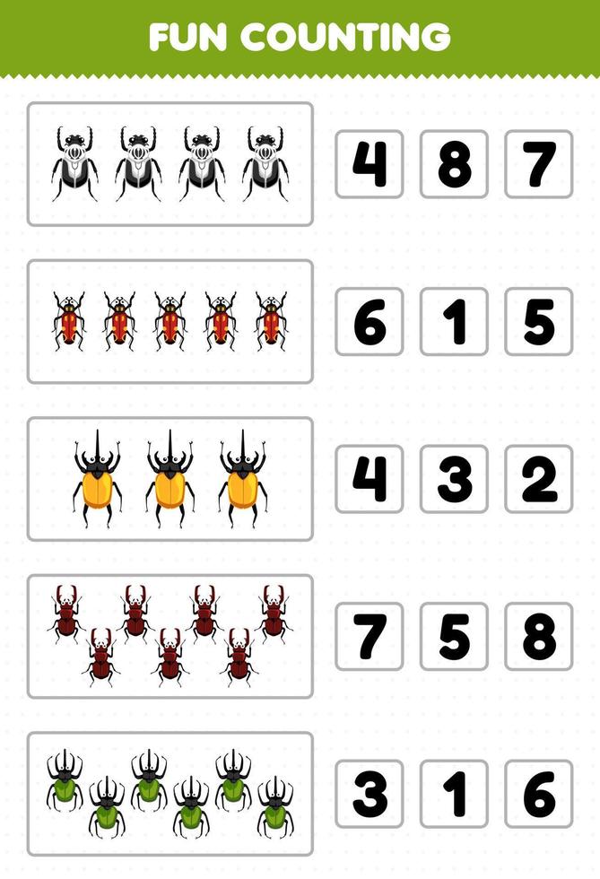 Education game for children fun counting and choosing the correct number of cute cartoon beetle printable bug worksheet vector