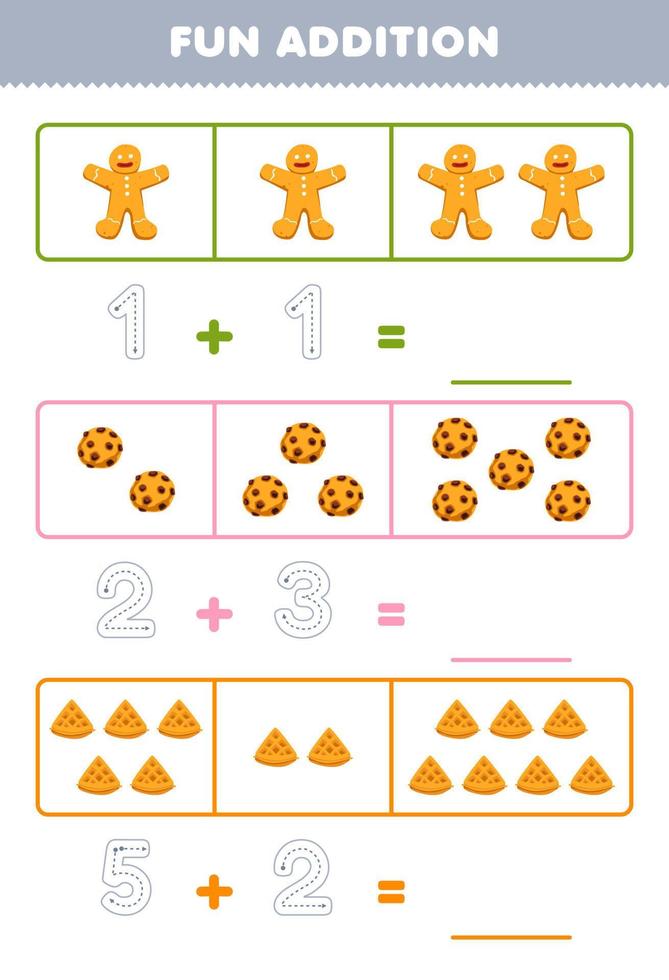 Education game for children fun addition by counting and tracing the number of cute cartoon gingerbread cookie waffle printable food worksheet vector