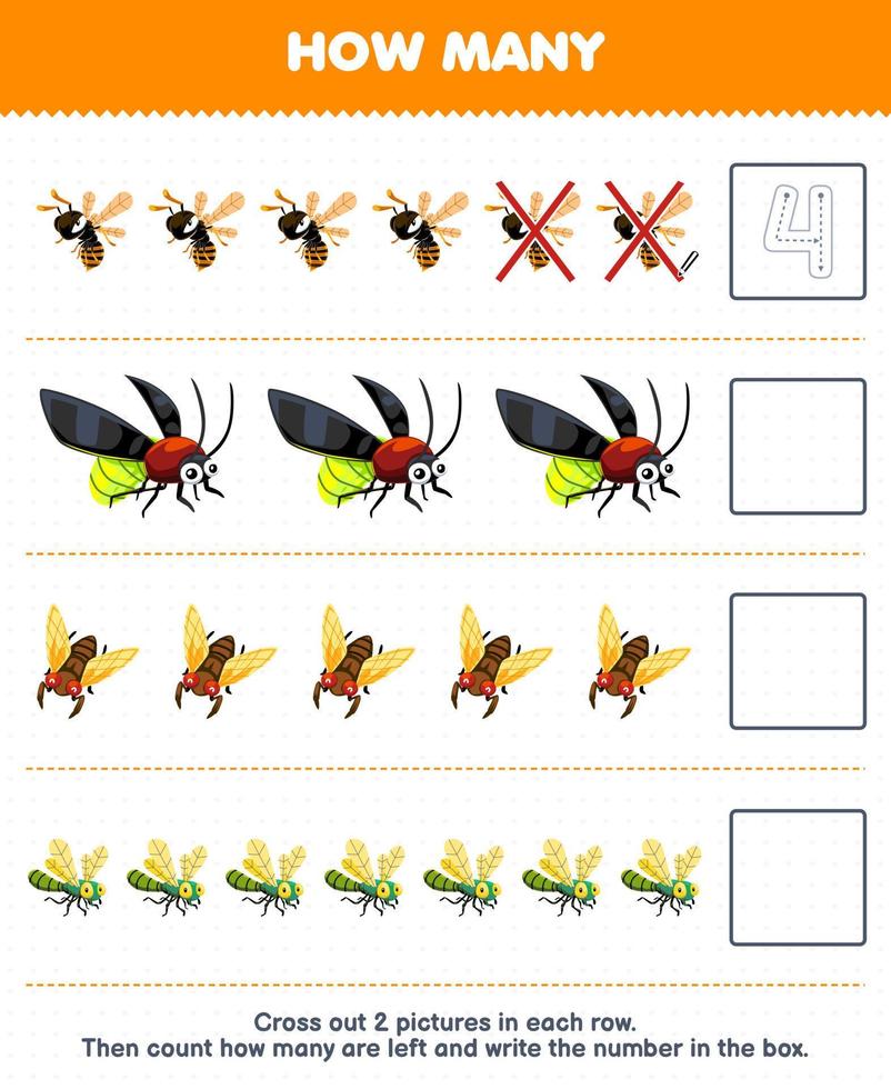 Education game for children count how many cute cartoon bee firefly cicada dragonfly and write the number in the box printable bug worksheet vector