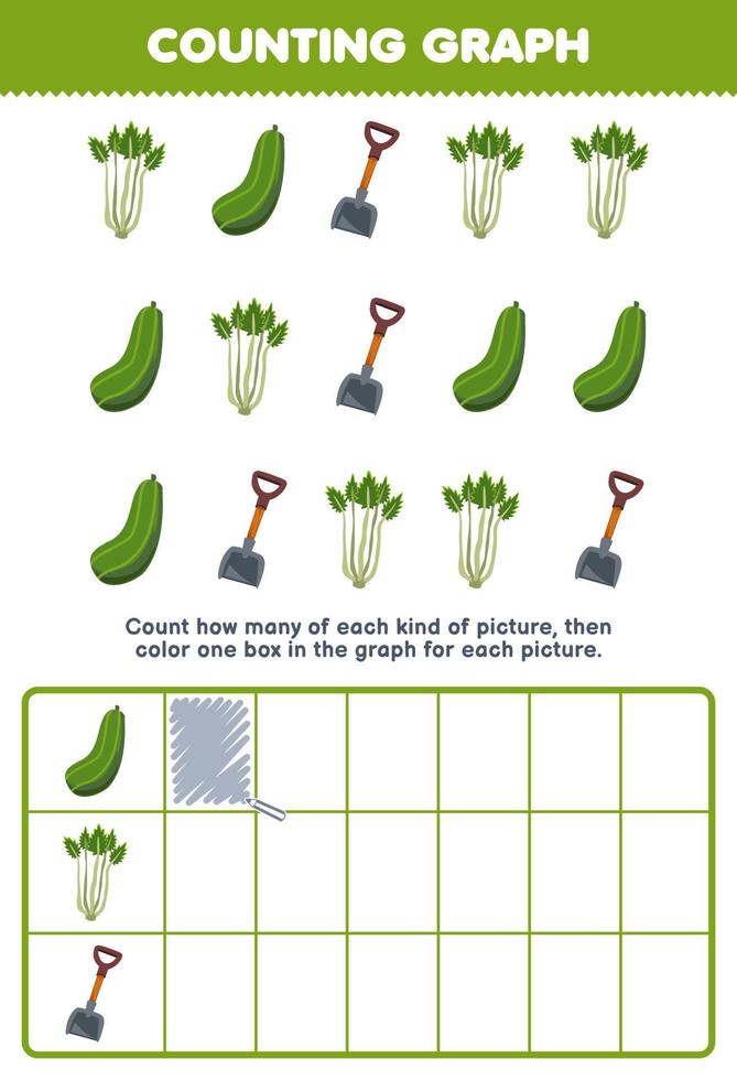 Education game for children count how many cute cartoon cucumber celery hoe then color the box in the graph printable vegetable worksheet vector