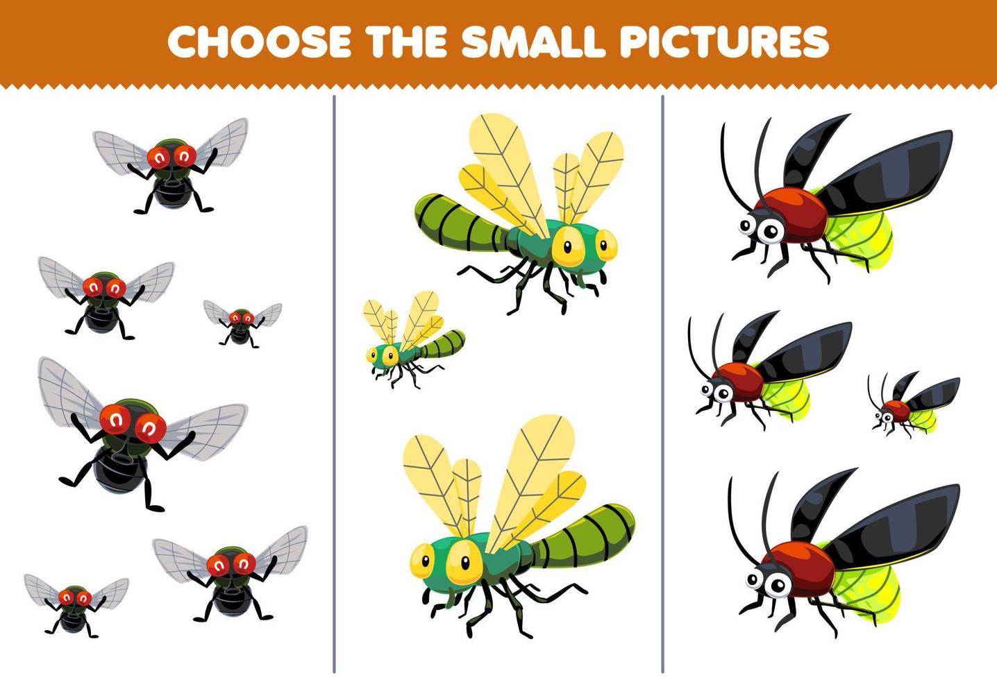 Education game for children choose the small picture of cute cartoon fly dragonfly firefly printable bug worksheet vector