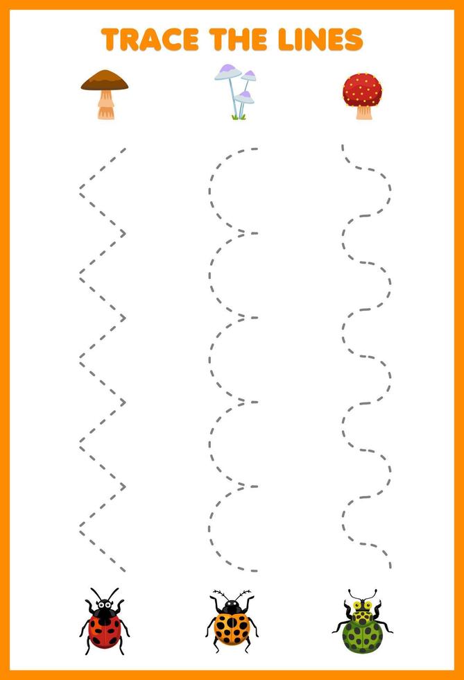 Education game for children handwriting practice trace the lines with cute cartoon ladybug and mushroom picture printable bug worksheet vector