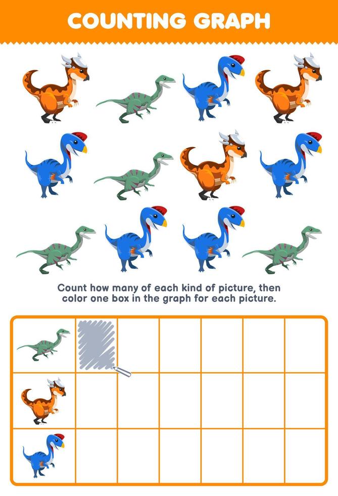 Education game for children count how many cute cartoon oviraptor velociraptor then color the box in the graph printable prehistoric dinosaur worksheet vector