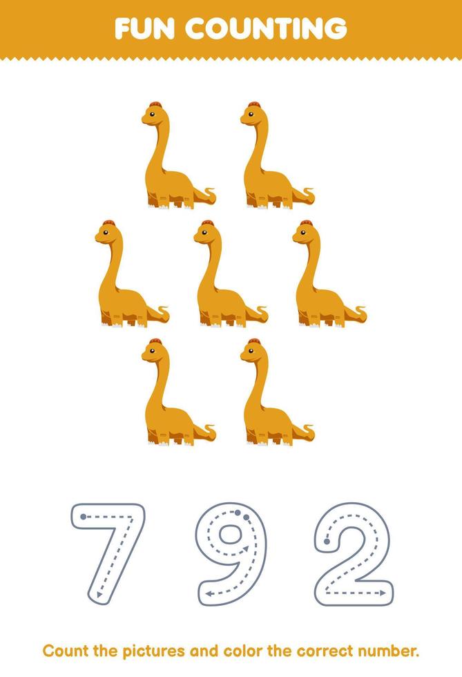 Education game for children count the pictures and color the correct number from cute cartoon brontosaurus printable prehistoric dinosaur worksheet vector