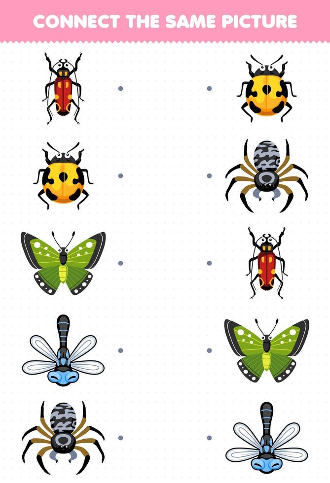 Education game for children connect the same picture of cute cartoon beetle ladybug butterfly dragonfly spider printable bug worksheet vector