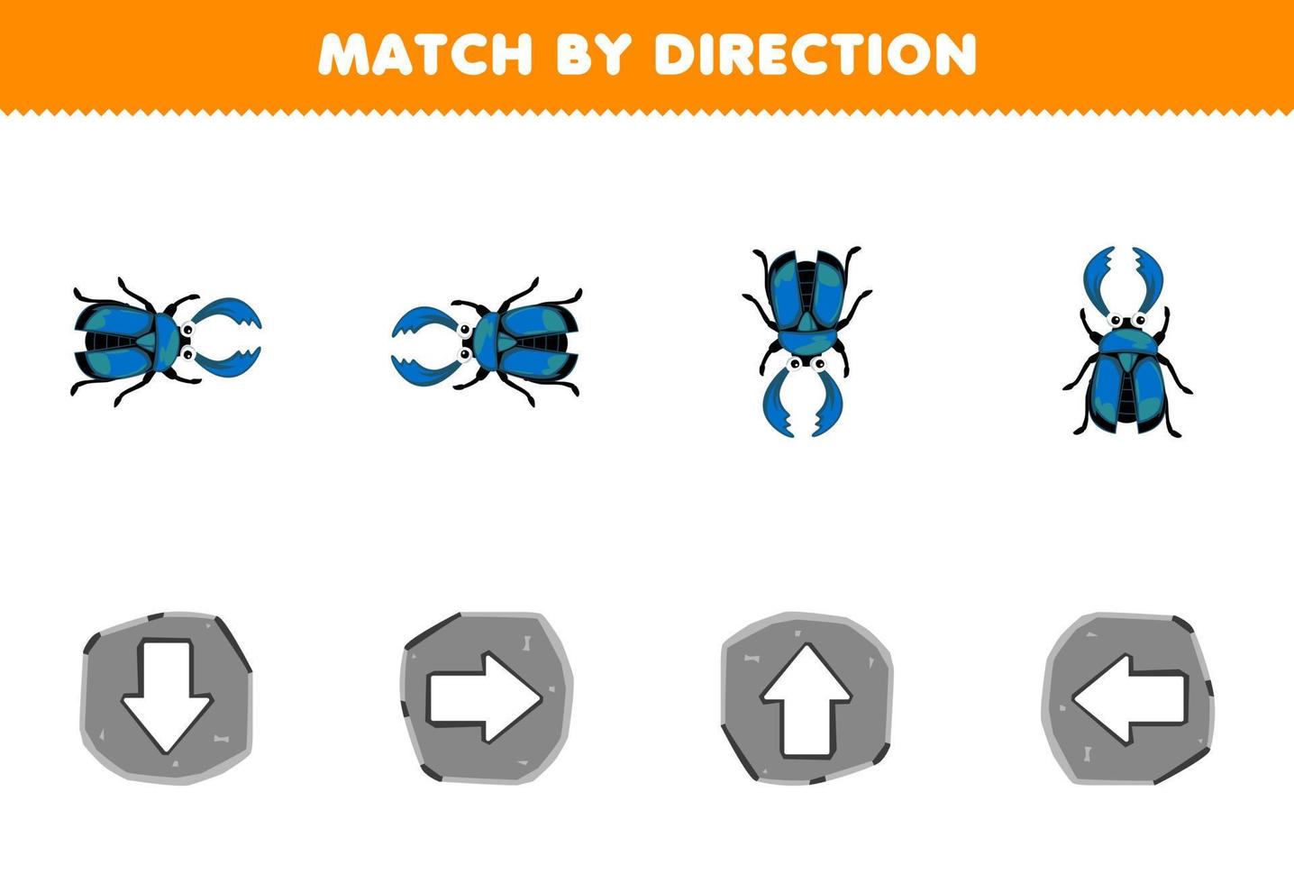 Education game for children match by direction left right up or down orientation of cute cartoon stag beetle printable bug worksheet vector