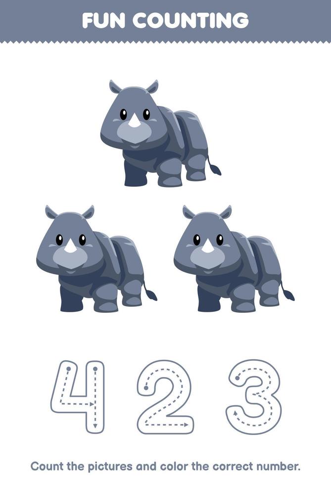  juego educativo para niños cuente las imágenes y coloree el número correcto de la hoja de trabajo imprimible de animales de dibujos animados lindo rinoceronte gris   Vector en Vecteezy