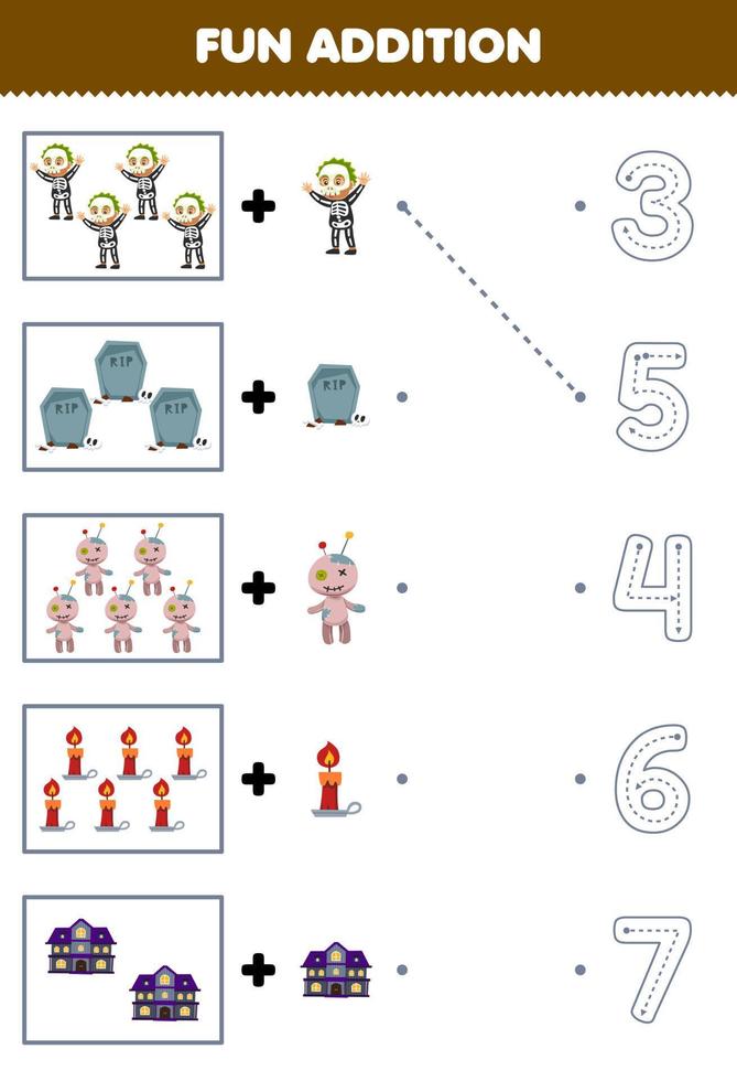 juego educativo para niños divertido contar y agregar un conjunto espeluznante de dibujos animados más lindo luego elegir el número correcto trazando la línea hoja de trabajo de halloween vector