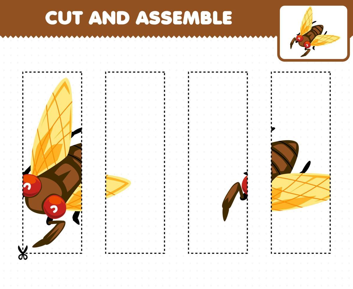Education game for children cutting practice and assemble puzzle with cute cartoon cicada printable bug worksheet vector