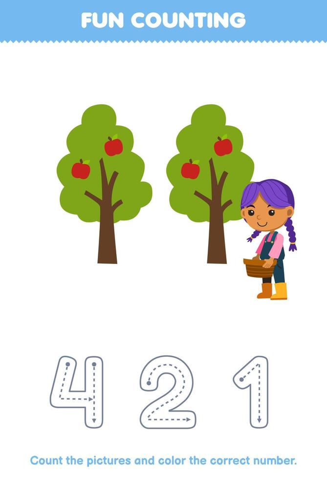 juego educativo para niños cuente las imágenes y coloree el número correcto de un lindo manzano de dibujos animados y una hoja de trabajo de granja imprimible de una granjera vector