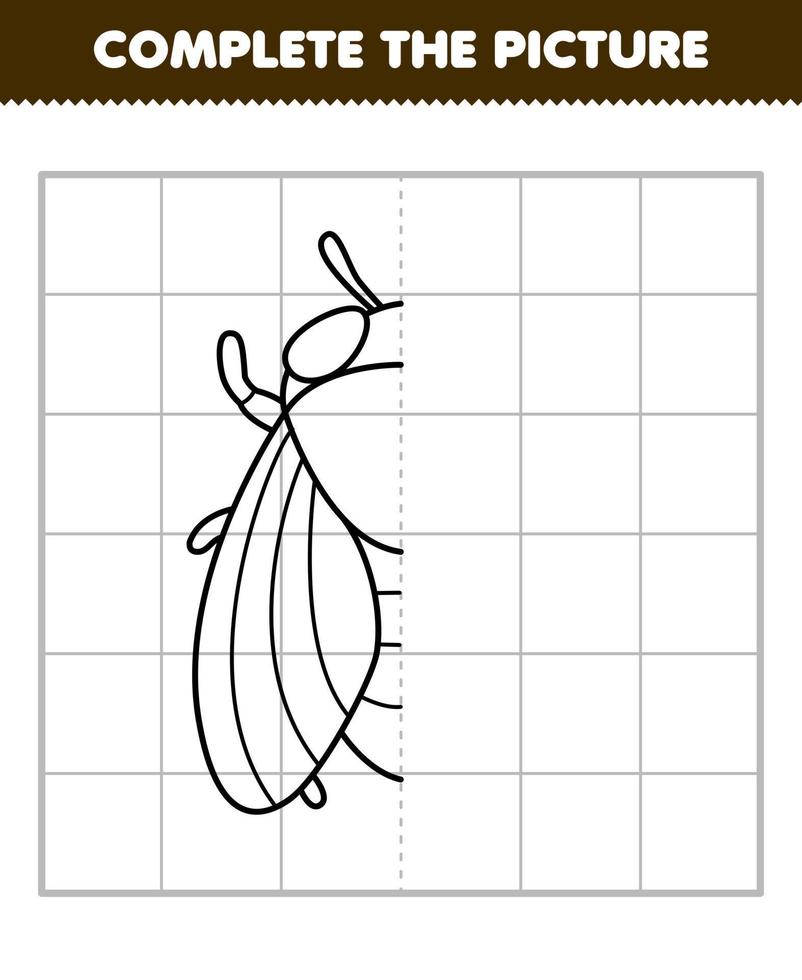 Education game for children complete the picture of cute cartoon cicada half outline for drawing printable bug worksheet vector