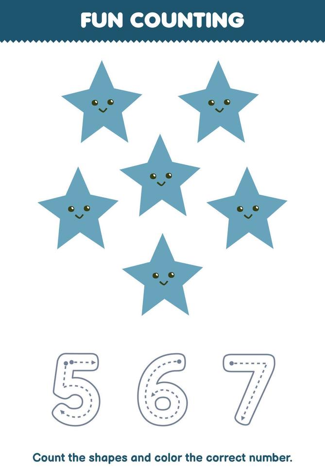 Education game for children count the pictures and color the correct number from cute cartoon star printable geometric shape worksheet vector