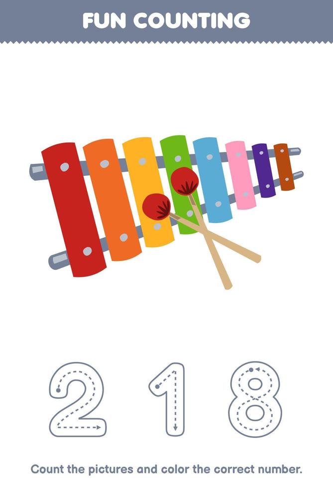 Education game for children count the pictures and color the correct number from cartoon xylophone printable music instrument worksheet vector
