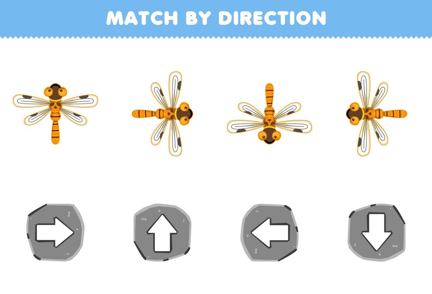 Education game for children match by direction left right up or down orientation of cute cartoon dragonfly printable bug worksheet vector