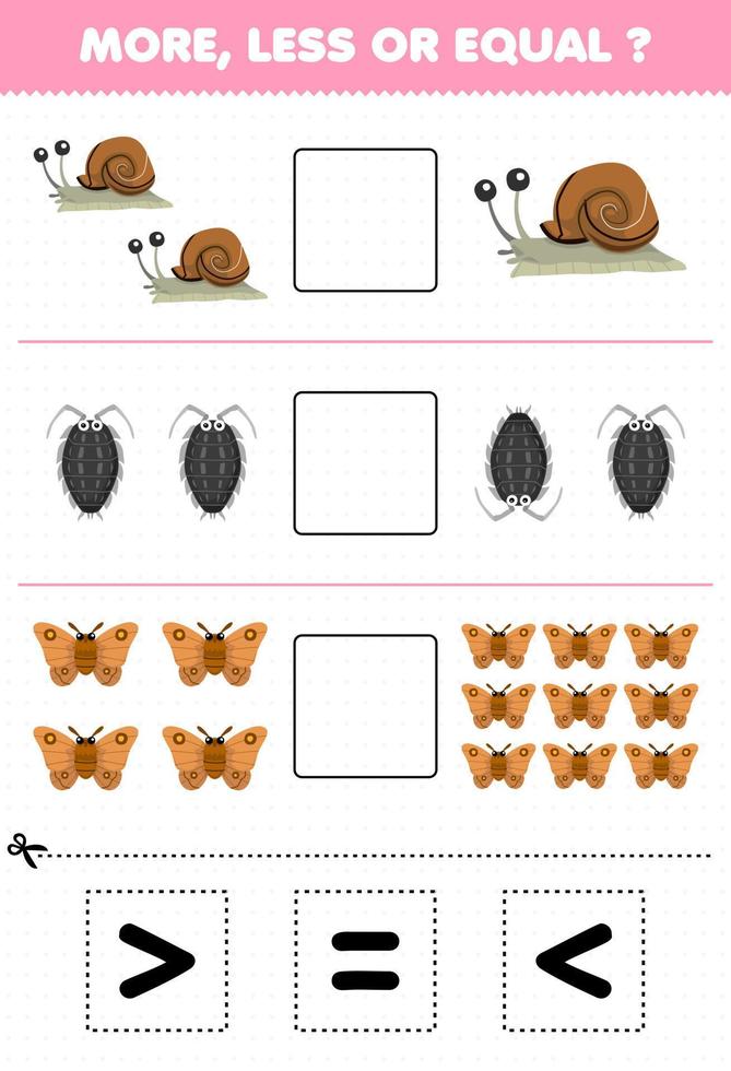 juego educativo para niños más menos o igual cuente la cantidad de polilla de piojo de caracol de dibujos animados lindo luego corte y pegue la hoja de trabajo de error de señal correcta vector