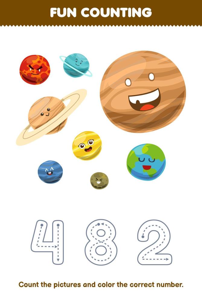 Education game for children count the pictures and color the correct number from cute cartoon planets printable solar system worksheet vector