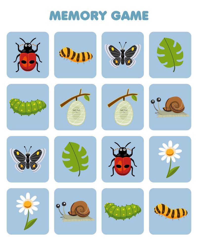 juego educativo para niños memoria para encontrar imágenes similares de dibujos animados lindo mariquita gusano de seda mariposa oruga capullo caracol hoja de trabajo de error imprimible vector