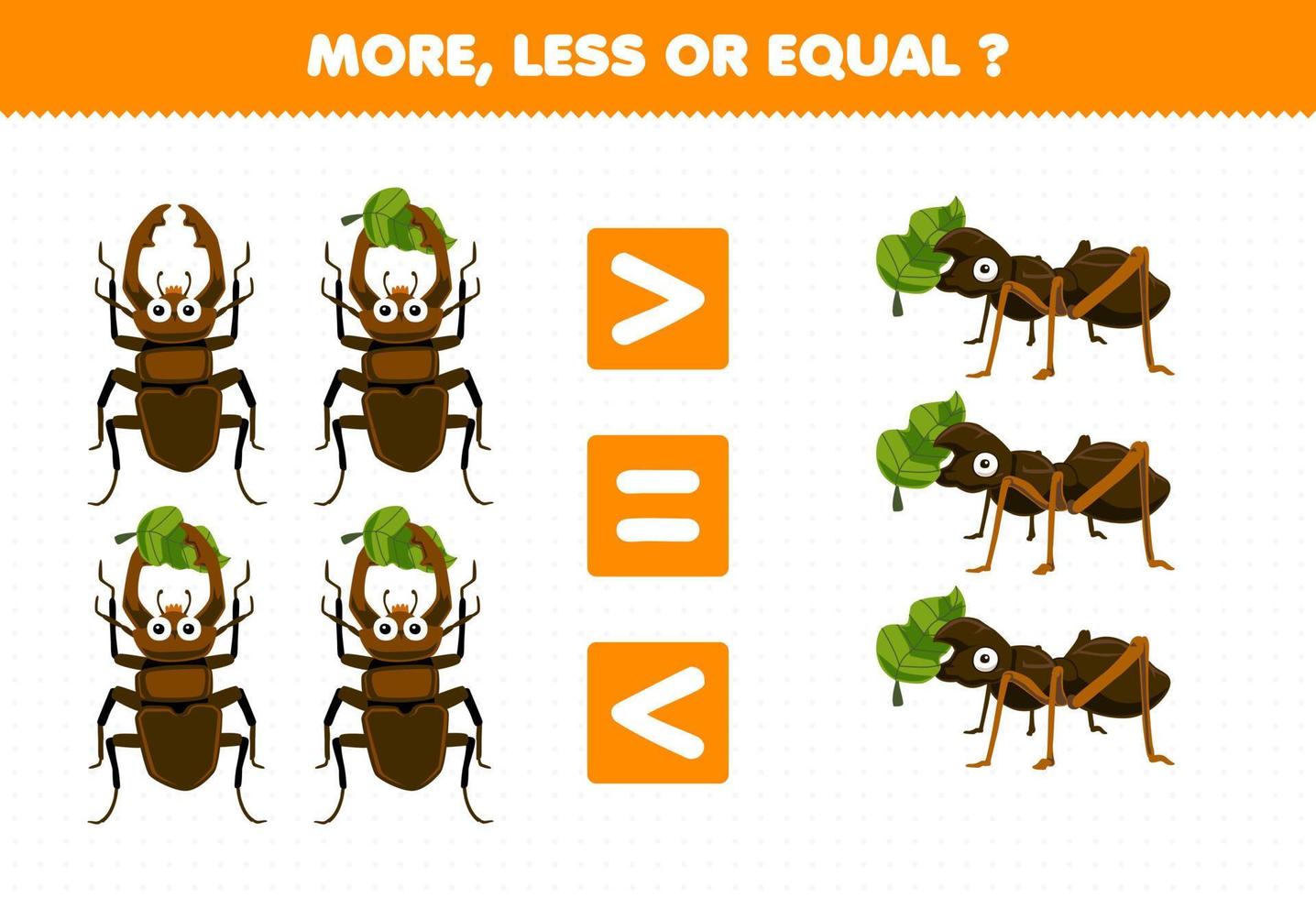 juego educativo para niños más menos o igual cuenta la cantidad de escarabajo de dibujos animados lindo y hoja de trabajo de error imprimible de hormiga vector