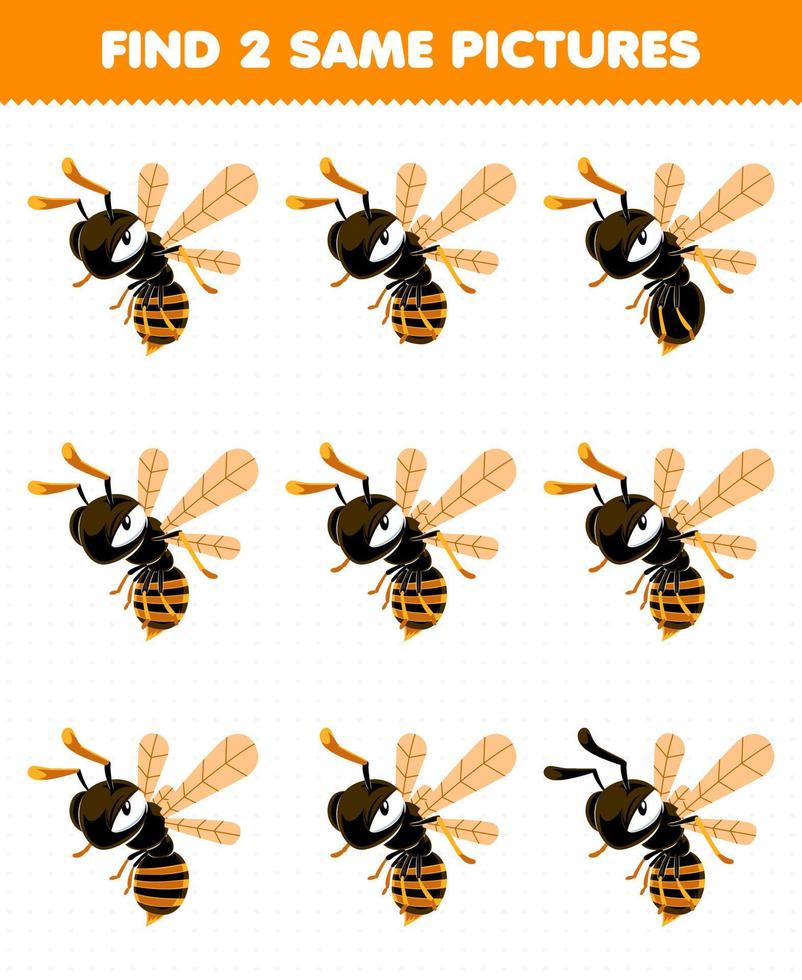 Education game for children find two same pictures of cute cartoon bee wasp printable bug worksheet vector