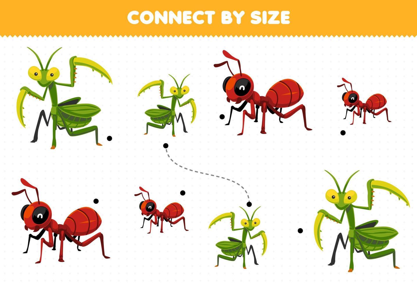 Educational game for kids connect by the size of cute cartoon mantis and ant printable bug worksheet vector