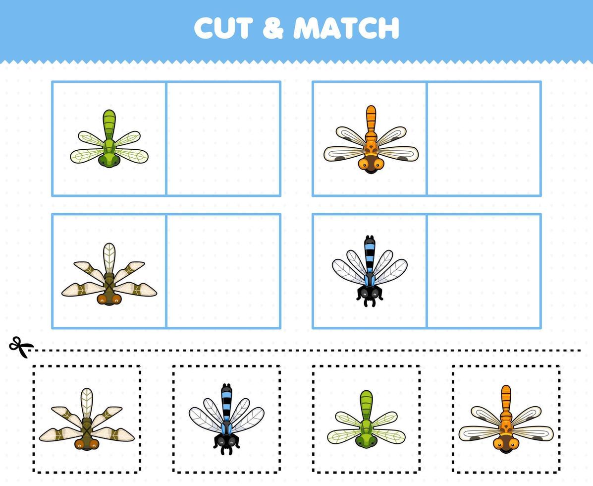 juego educativo para niños corta y combina la misma imagen de la hoja de trabajo imprimible del insecto de la linda libélula de dibujos animados vector