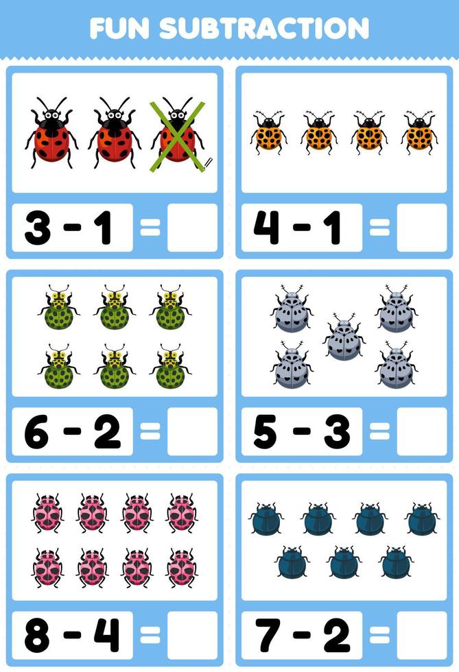Education game for children fun subtraction by counting and eliminating cute cartoon ladybug printable bug worksheet vector