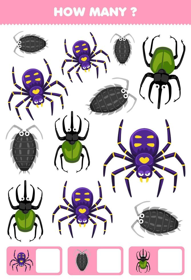 juego educativo para niños buscando y contando cuántos objetos de dibujos animados lindo escarabajo araña hoja de trabajo de error imprimible vector