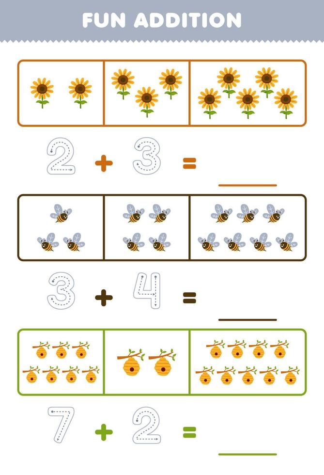 Education game for children fun addition by counting and tracing the number of cute cartoon sunflower bee beehive printable farm worksheet vector