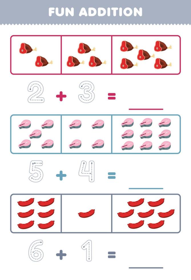 Education game for children fun addition by counting and tracing the number of cute cartoon beef salmon sausage printable food worksheet vector