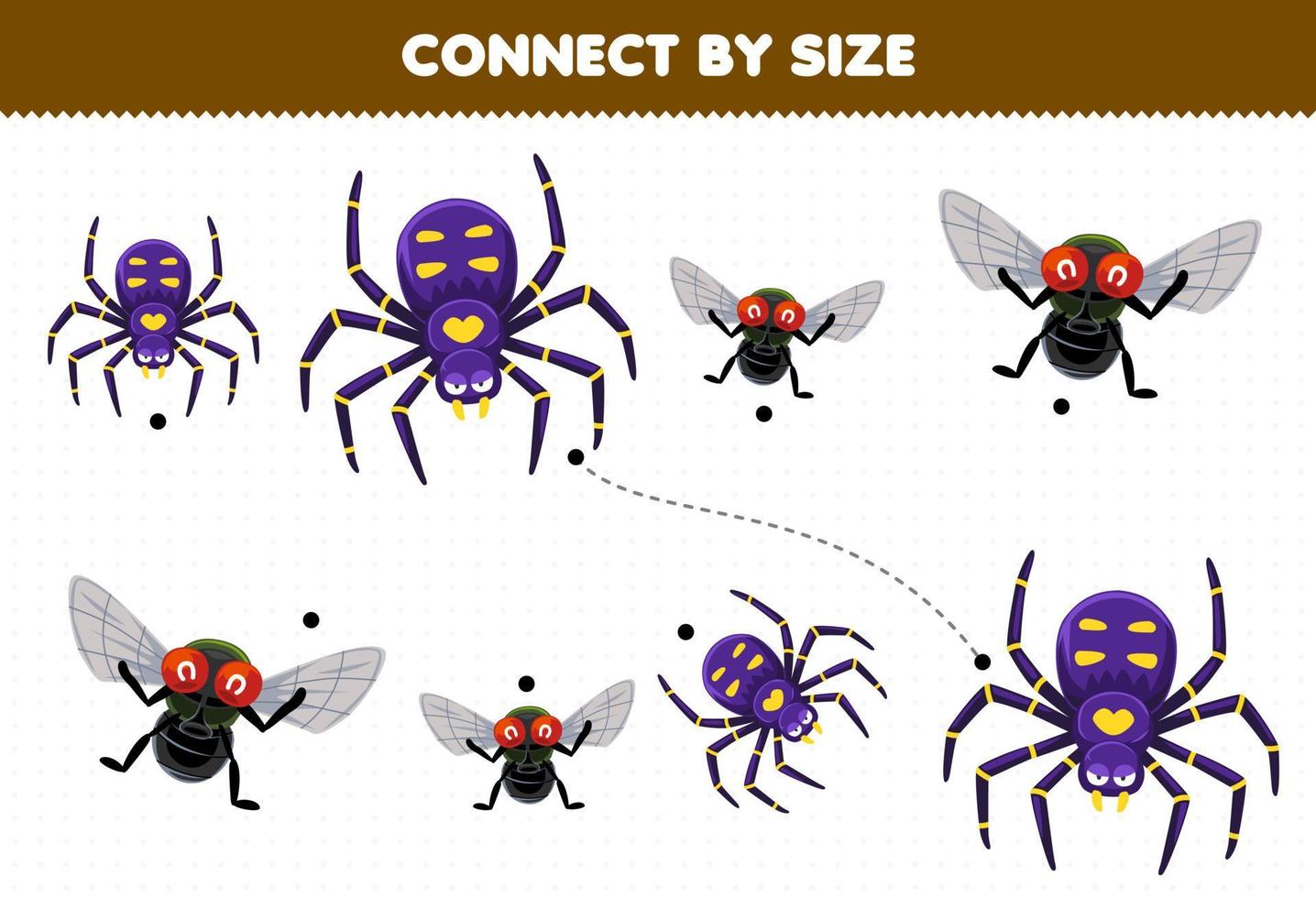 Educational game for kids connect by the size of cute cartoon spider and fly printable bug worksheet vector