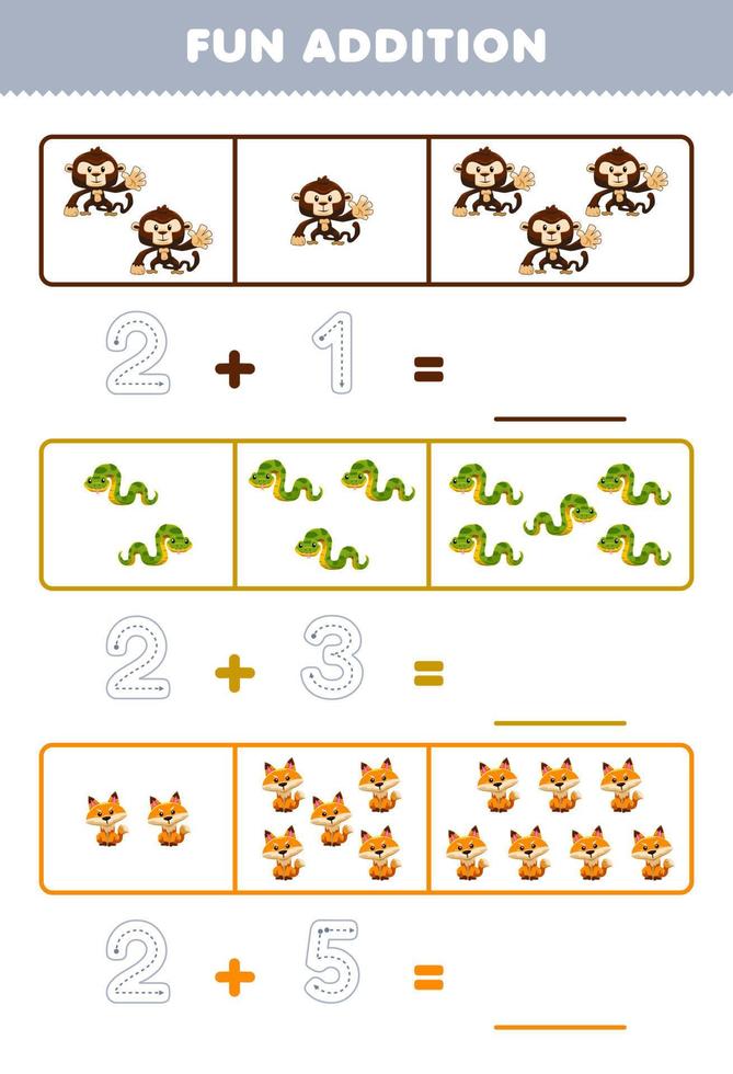 Education game for children fun addition by counting and tracing the number of cute cartoon monkey snake fox printable animal worksheet vector