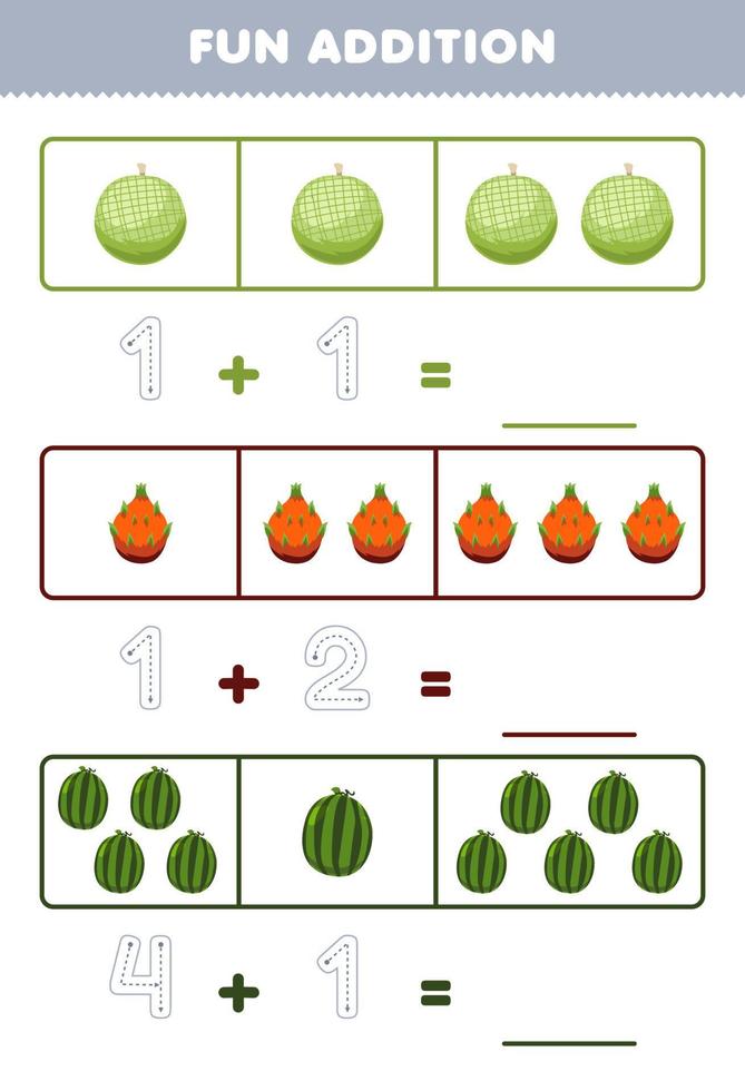 Education game for children fun addition by counting and tracing the number of cute cartoon melon dragon fruit watermelon printable fruit worksheet vector