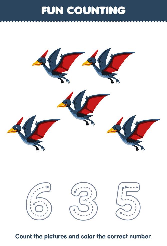 Education game for children count the pictures and color the correct number from cute cartoon pteranodon printable prehistoric dinosaur worksheet vector