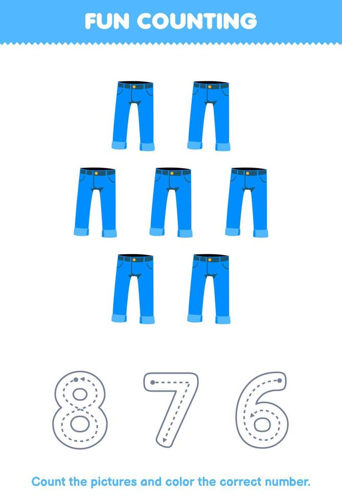 Education game for children count the pictures and color the correct number from cartoon blue jean printable wearable clothes worksheet vector