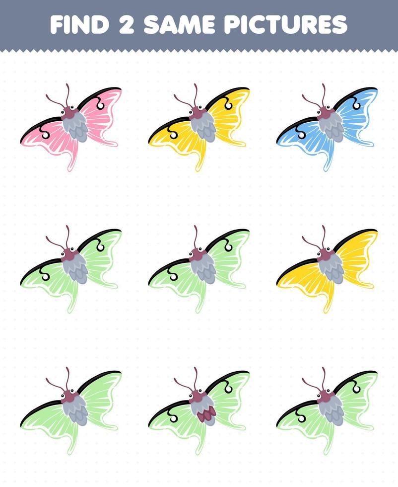Education game for children find two same pictures of cute cartoon moth printable bug worksheet vector