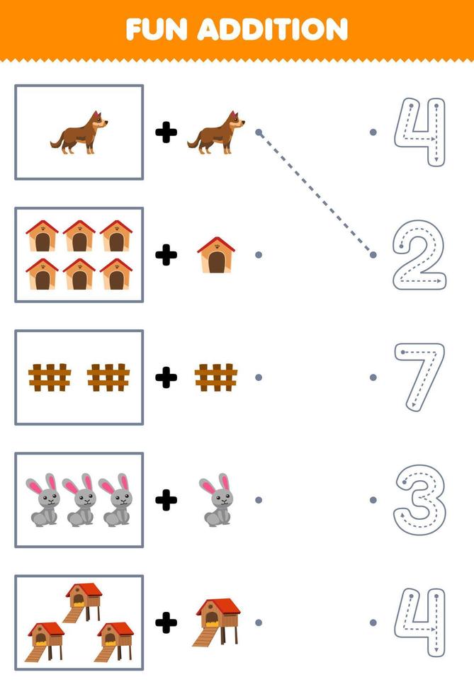 Education game for children fun addition of cartoon dog kennel fence rabbit hutch then choose the correct number by tracing the line farm worksheet vector