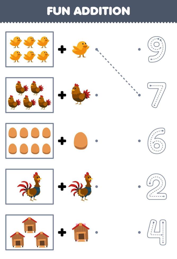 Education game for children fun addition of cartoon chicken chick hen egg rooster coop then choose the correct number by tracing the line farm worksheet vector