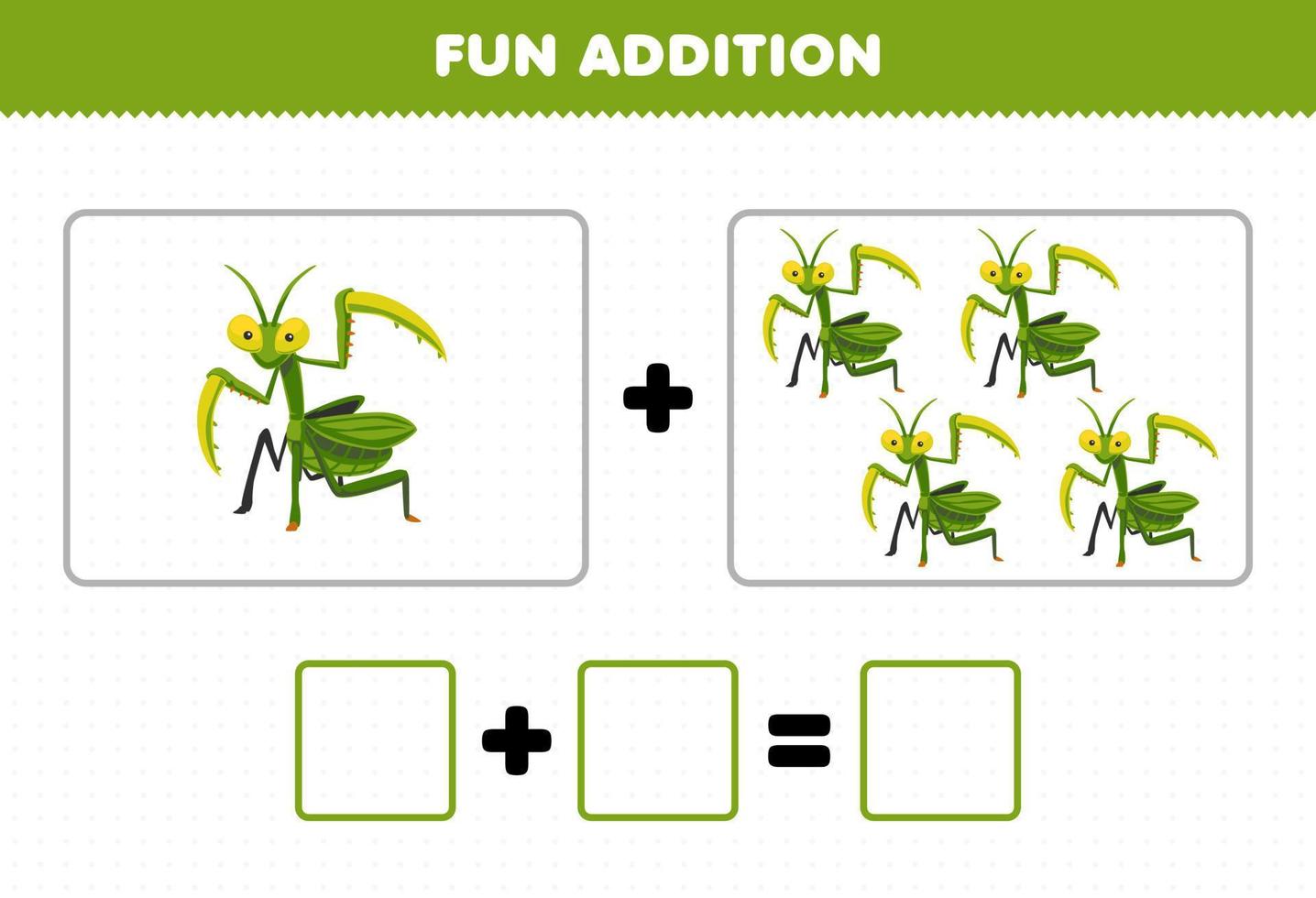 Education game for children fun addition by counting cute cartoon mantis pictures printable bug worksheet vector