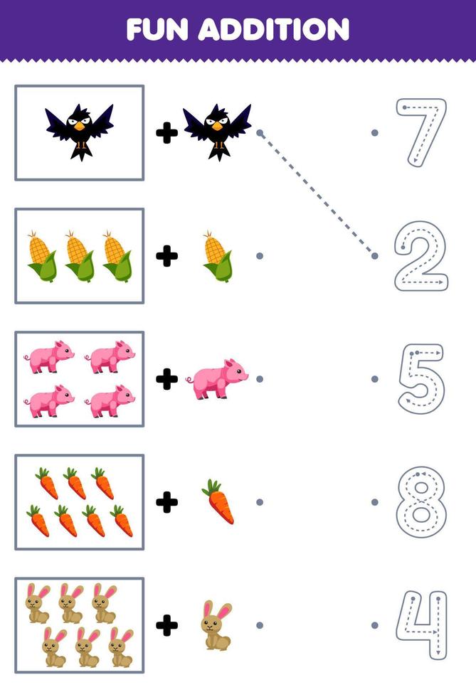 Education game for children fun addition of cartoon crow corn pig carrot rabbit then choose the correct number by tracing the line farm worksheet vector