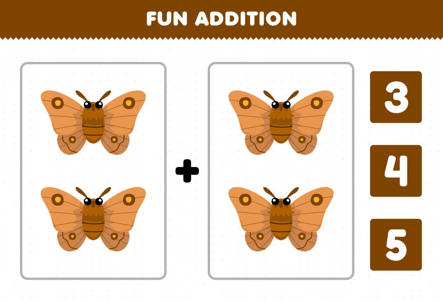 Education game for children fun addition by count and choose the correct answer of cute cartoon moth printable bug worksheet vector