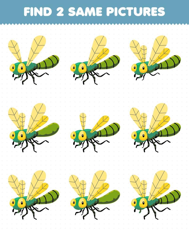 Education game for children find two same pictures of cute cartoon dragonfly printable bug worksheet vector