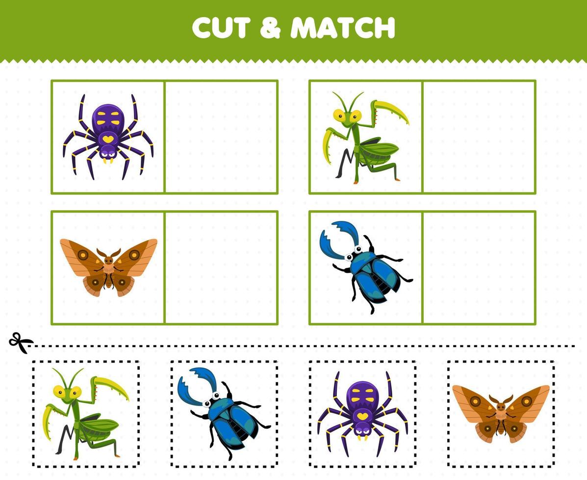 Education game for children cut and match the same picture of cute cartoon spider mantis moth beetle printable bug worksheet vector