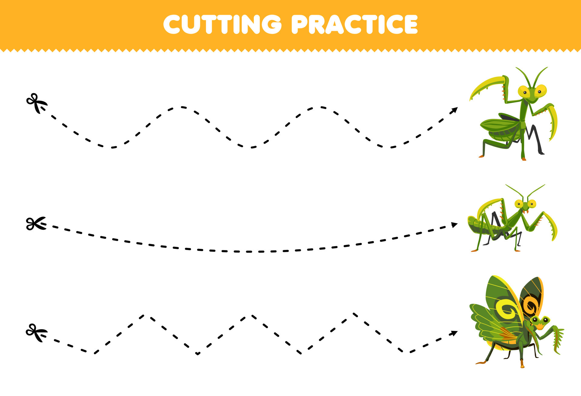 Education game for children cutting practice with cute cartoon mantis