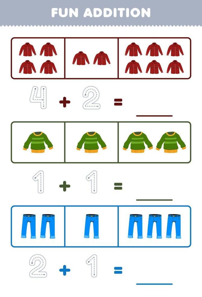 Education game for children fun addition by counting and tracing the number of cute cartoon flannel sweater jean printable wearable clothes worksheet vector