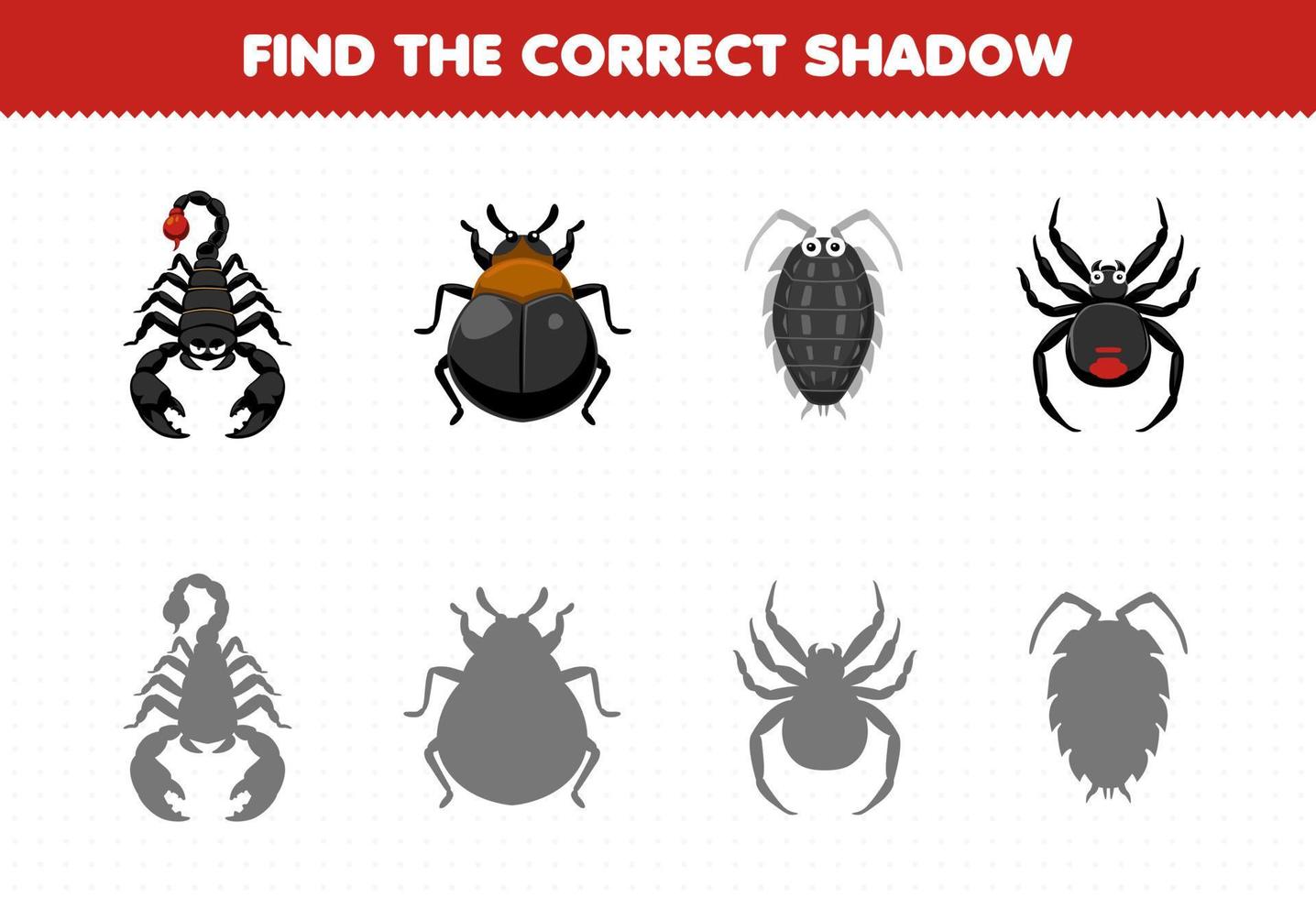 juego educativo para niños encontrar la sombra correcta conjunto de dibujos animados lindo escorpión mariquita piojo araña hoja de trabajo de error imprimible vector