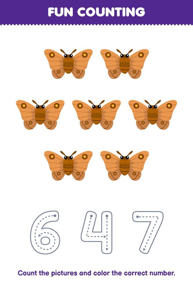 Education game for children count the pictures and color the correct number from cute cartoon moth printable bug worksheet vector