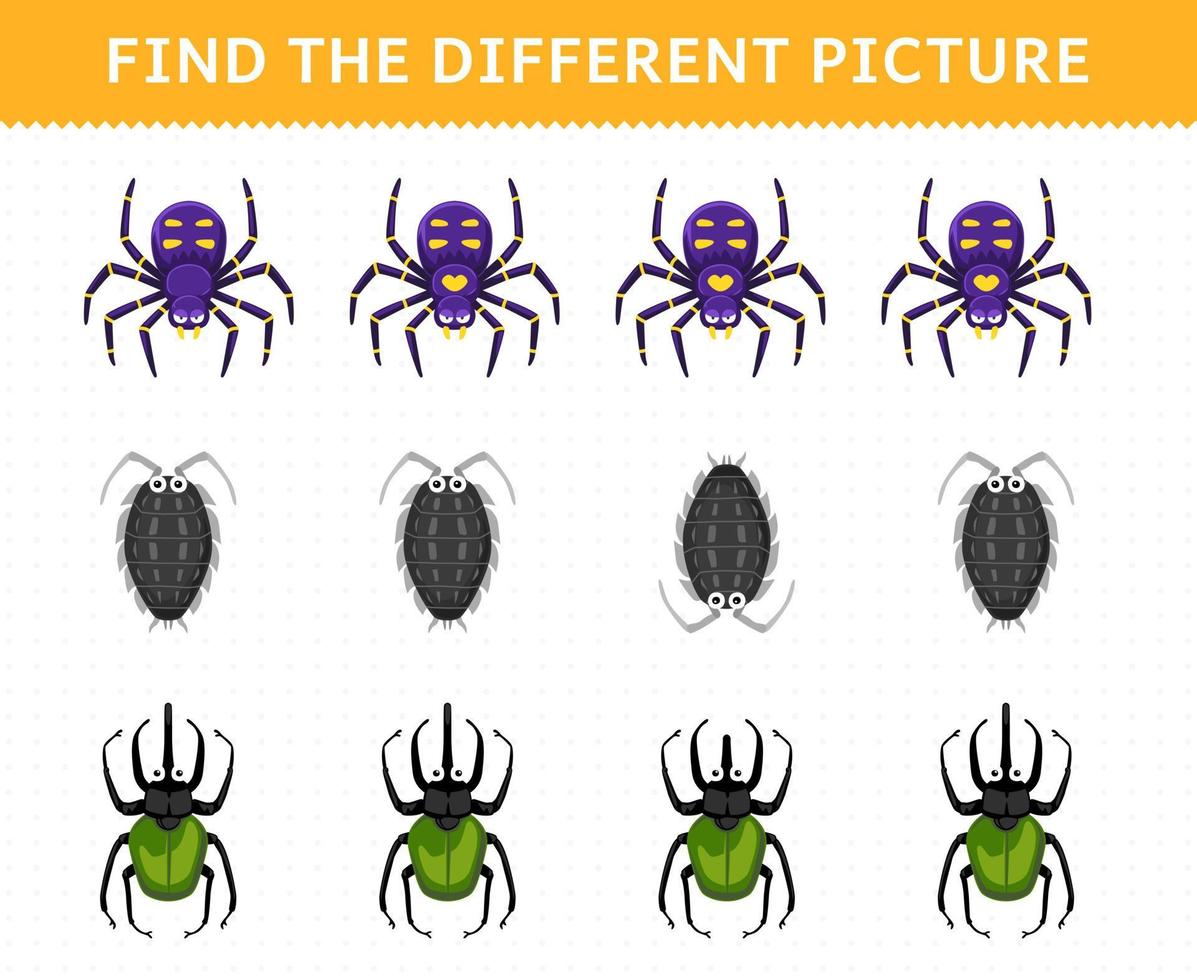 Education game for children find the different picture in each row of cute cartoon spider louse beetle printable bug worksheet vector