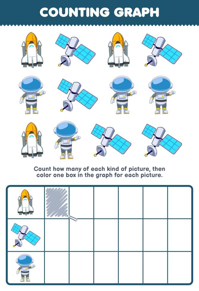 Education game for children count how many cute cartoon spaceship satellite astronaut then color the box in the graph printable solar system worksheet vector