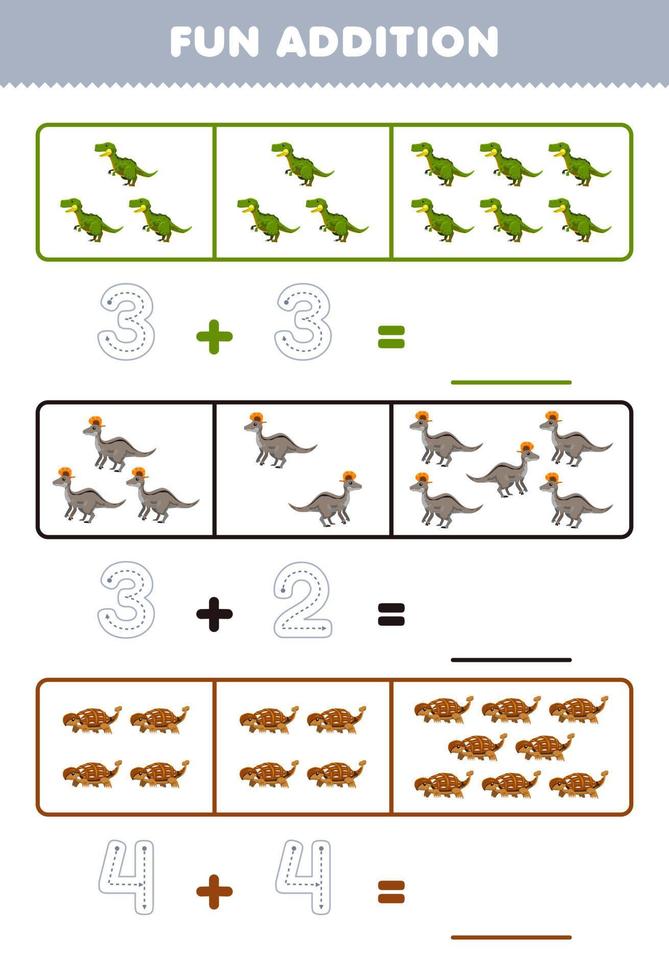 Education game for children fun addition by counting and tracing the number of cute cartoon lambeosaurus ankylosaurus printable prehistoric dinosaur worksheet vector