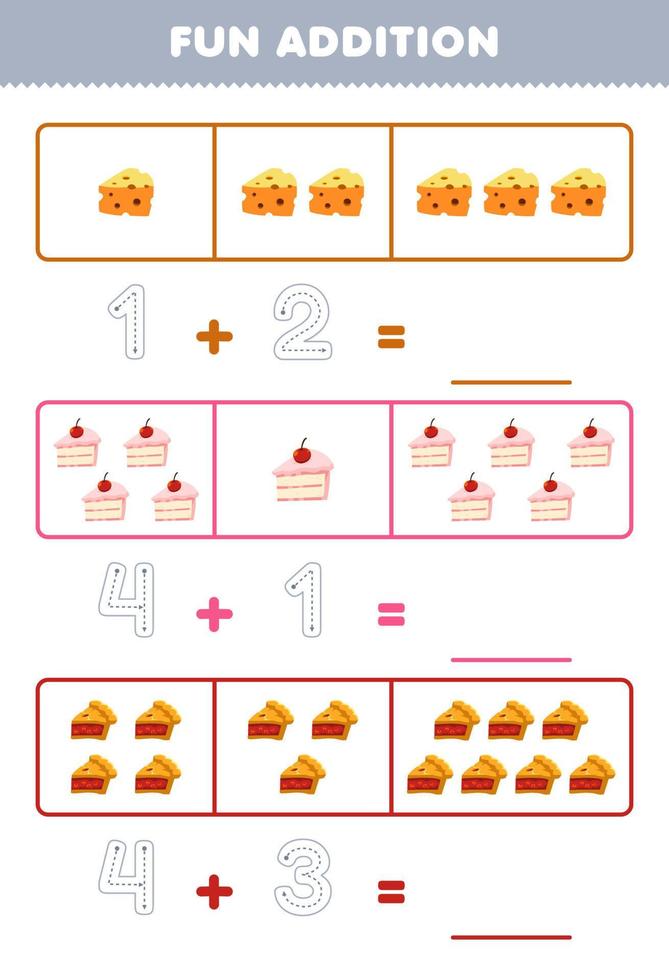 Education game for children fun addition by counting and tracing the number of cute cartoon cheese cake pie printable food worksheet vector